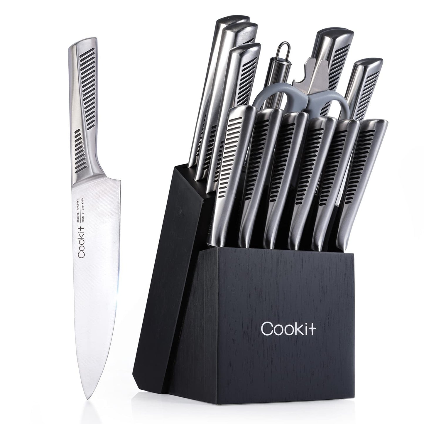 15-Piece Professional Kitchen Knife Set with Wooden Block – High Carbon Stainless Steel Blades & Ergonomic Handles