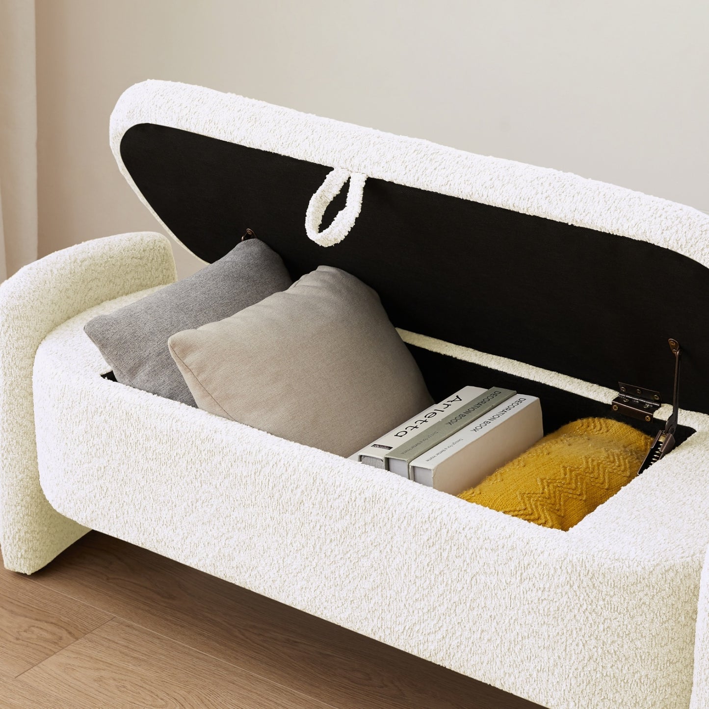 Ottoman Oval Storage Bench – Cream White (3D Lamb Fleece Fabric)
