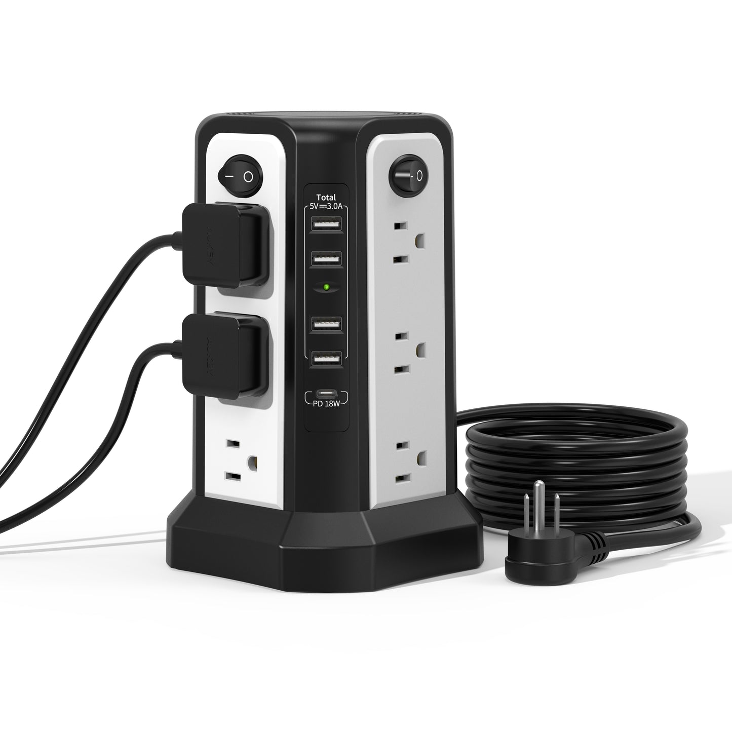 Surge Protector Power Strip Tower with USB-C (PD 18W) – 10FT Extension Cord, 12 AC Outlets & 5 USB Ports, Space-Saving Charging Station for Home, Office & Dorm