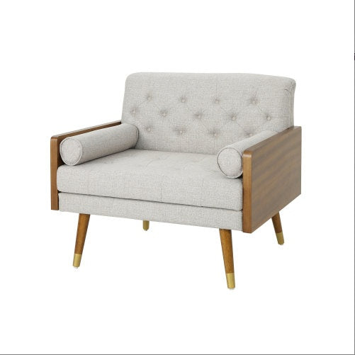 Mid-Century Modern Beige Club Chair with Tufted Upholstery & Gold-Tipped Legs