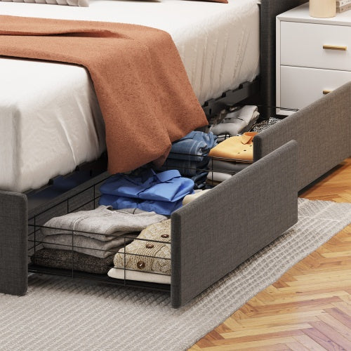 Full-Size Bed Frame with LED Headboard, 4 Under-Bed Storage Drawers & Wingback Design