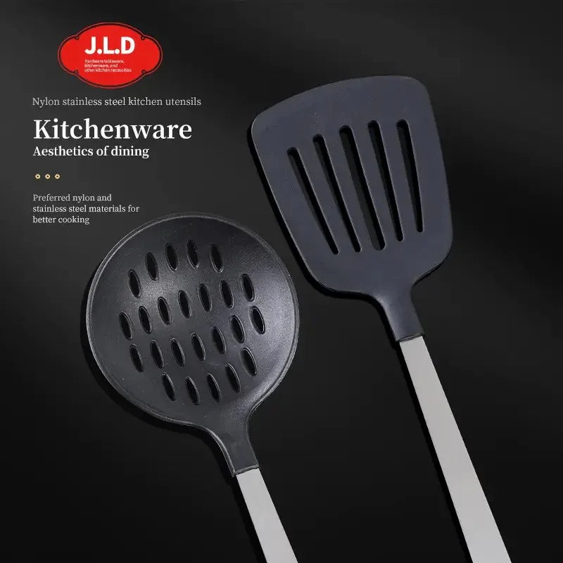Premium 5-Piece Kitchen Utensil Set – Stainless Steel Handles & Heat-Resistant Nylon Heads (Black)