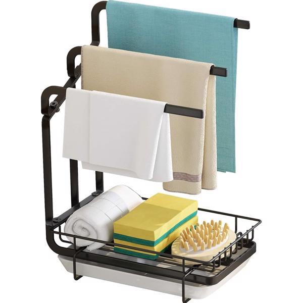 Stainless Steel Sink Sponge Holder with Towel Rack & Drip Tray – Space-Saving Kitchen Organizer