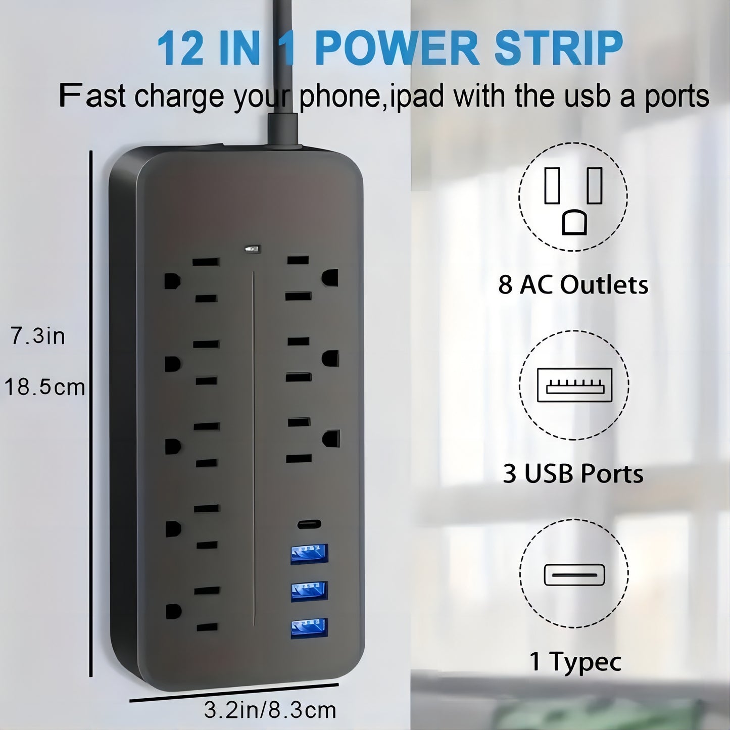 Surge Protector Power Strip – 8 AC Outlets, 3 USB + 1 USB-C Port, Flat Plug with Angled Design (Black/White)