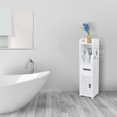 Slim Bathroom Storage Cabinet – Waterproof Wood-Plastic Organizer with Toilet Paper Rack & Drawer (White)