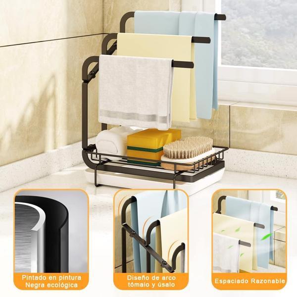 Stainless Steel Sink Sponge Holder with Towel Rack & Drip Tray – Space-Saving Kitchen Organizer