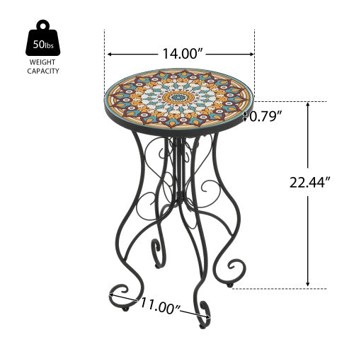 Colorful Outdoor Side Table – Ceramic Tile Top with Black Iron Frame, 14" Round Patio Accent Table