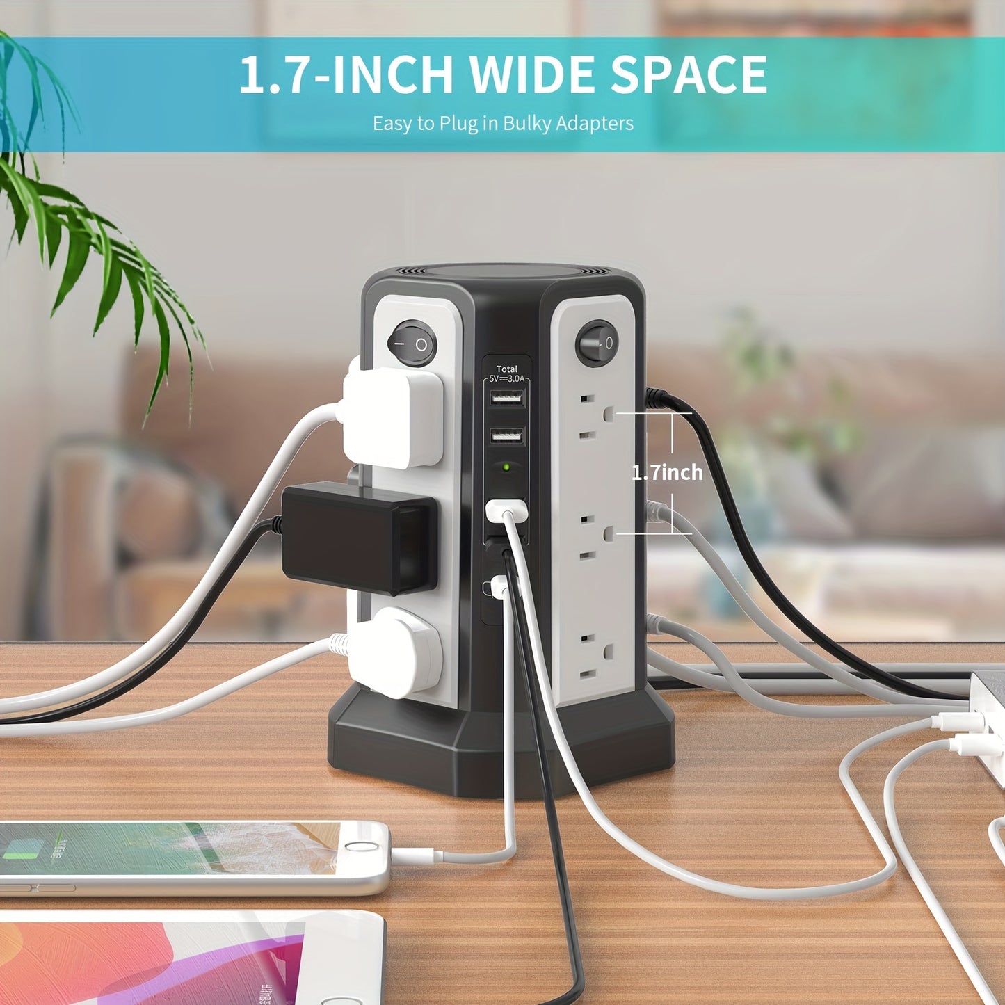 Surge Protector Power Strip Tower with USB-C (PD 18W) – 10FT Extension Cord, 12 AC Outlets & 5 USB Ports, Space-Saving Charging Station for Home, Office & Dorm