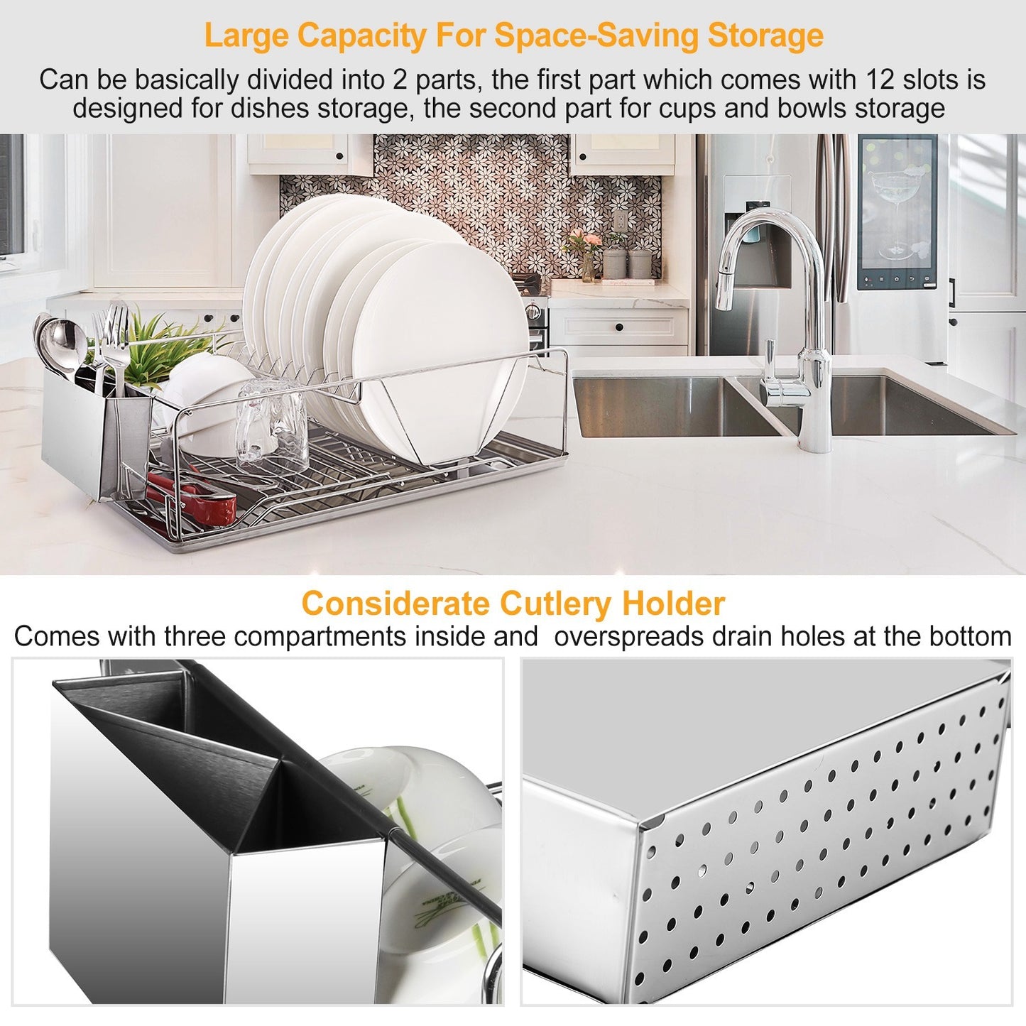 Stainless Steel Dish Drying Rack with Drainboard and Cutlery Holder – Kitchen Countertop Dish Organizer