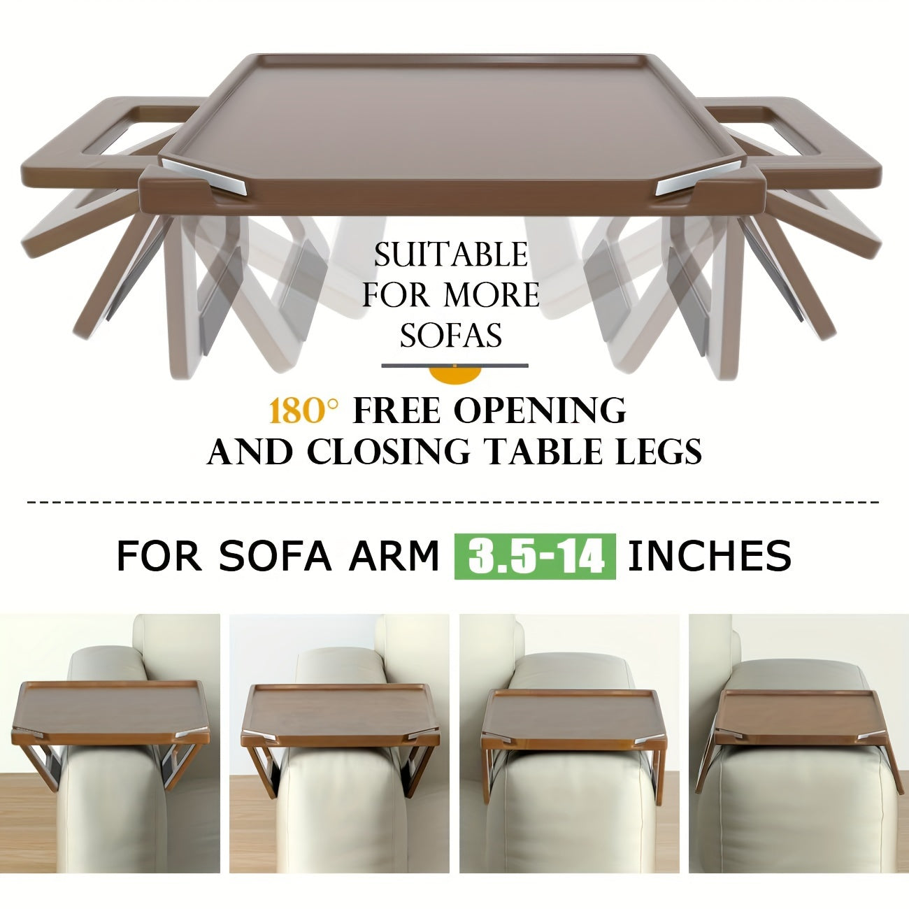 Sofa Armrest Tray Table – Natural Bamboo, Foldable Base with Double Bracket, No-Drill