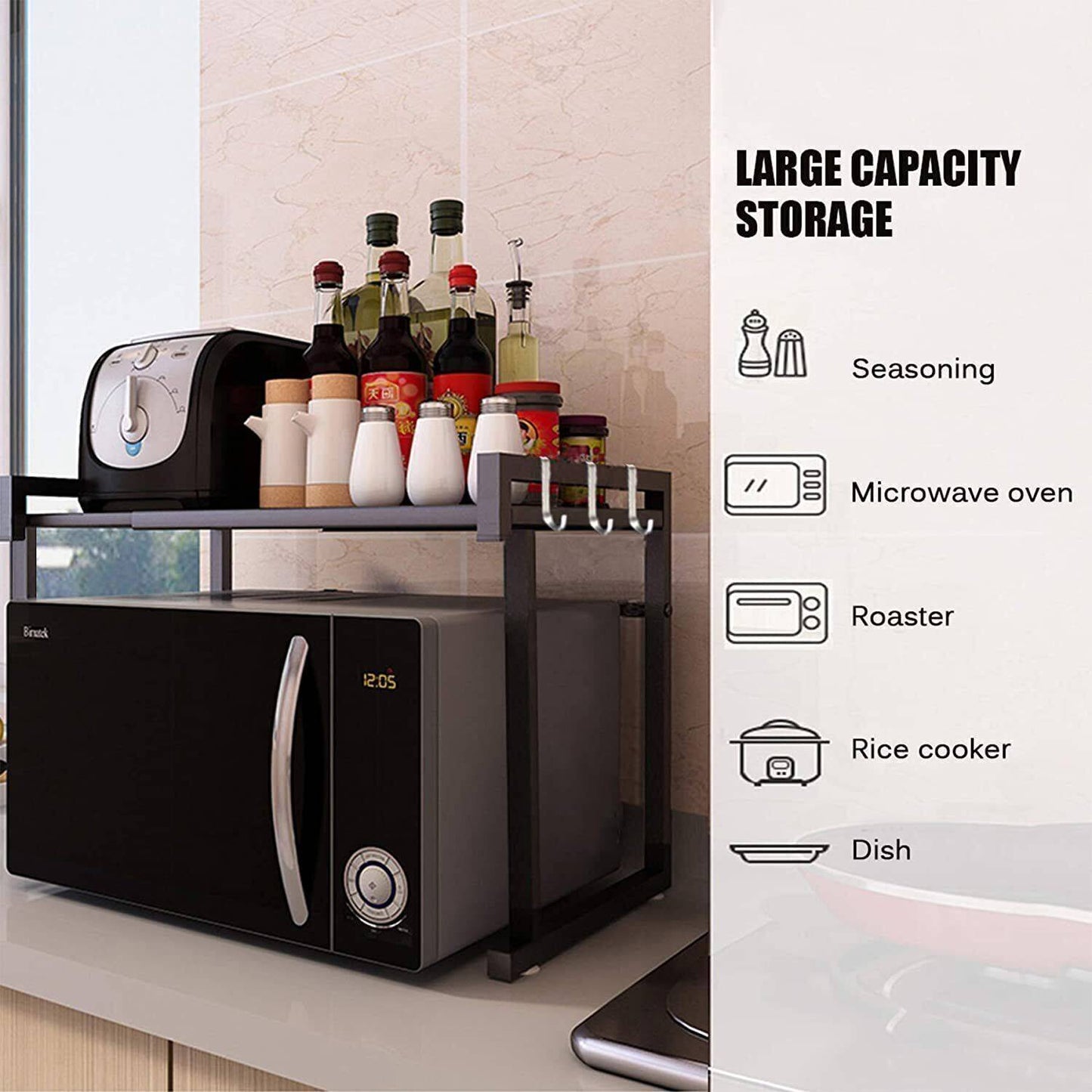 Black Single-Layer Kitchen Storage Rack – Double Bar with 6 Hooks & Extendable Design