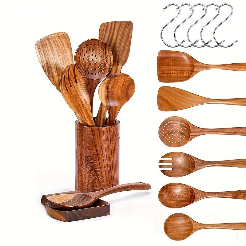 Teak Wooden Cooking Utensil Set – 8-Piece Nonstick Kitchen Tools with Spoon Rest & Hooks