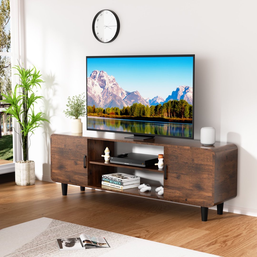 Modern 55" TV Stand with Tempered Glass Doors, Charging Station & Rounded Corners – Walnut Finish