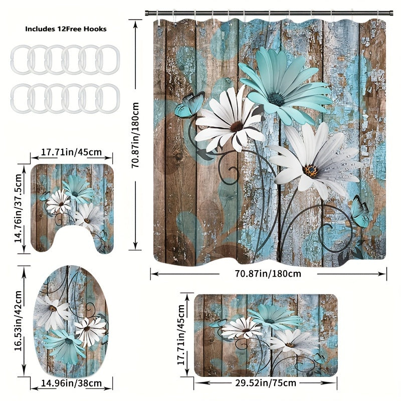 4-Piece Daisy Print Shower Curtain Set – Waterproof Bathroom Decor with Non-Slip Mats & Rust-Resistant Hooks