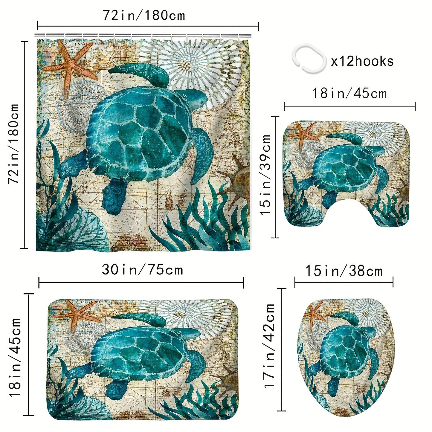4-Piece Ocean-Inspired Shower Curtain Set – Turtle & Seaweed Design with Mats, Toilet Cover & Hooks