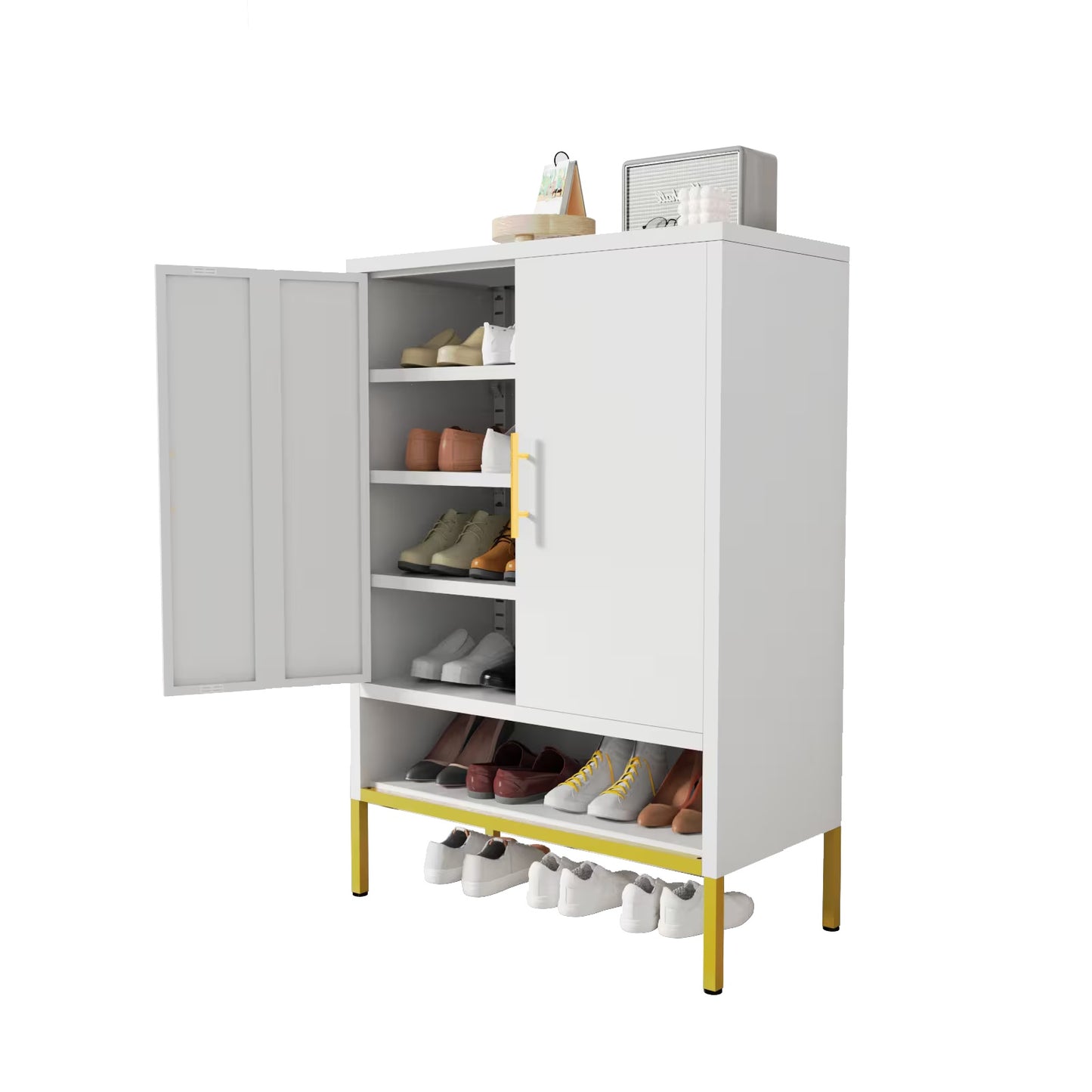 2-Door Metal Shoe Storage Cabinet with Shelves – White, Modern Design