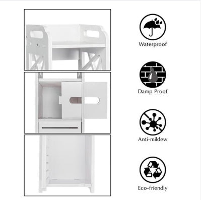 Slim Bathroom Storage Cabinet – Waterproof Wood-Plastic Organizer with Toilet Paper Rack & Drawer (White)