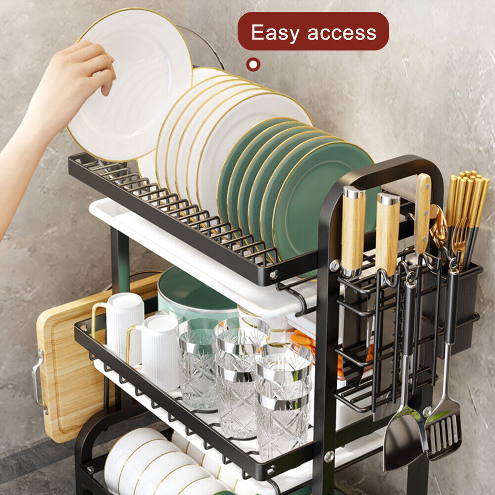 3-Tier Large Capacity Dish Drying Rack with Utensil & Cutting Board Holder – Space-Saving Kitchen Organizer (Black)