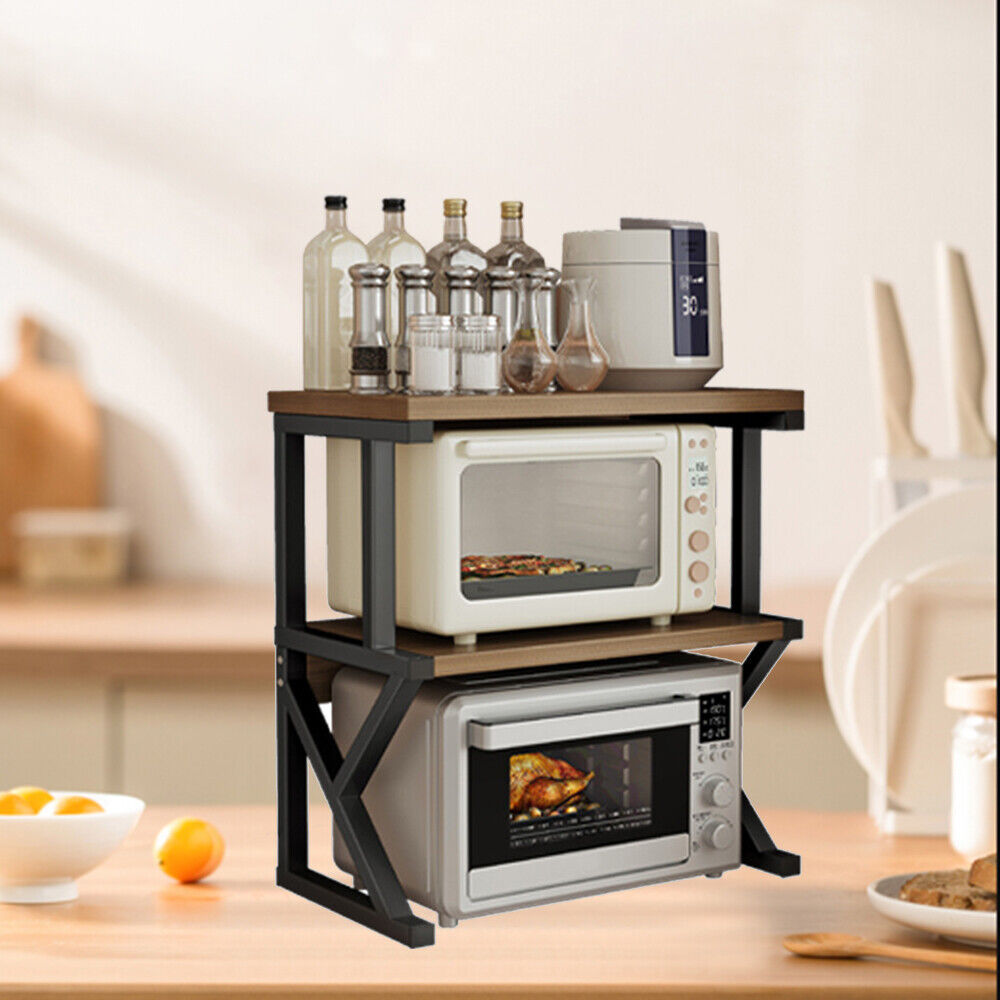 2-Tier Heavy Duty Baker’s Rack – Kitchen Microwave Stand with Storage Shelf (Walnut Finish)