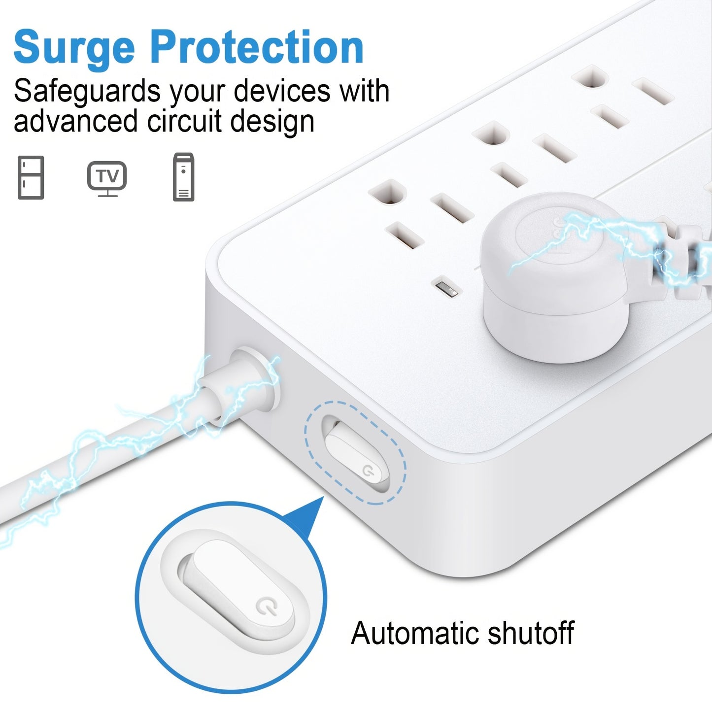 Surge Protector Power Strip – 8 AC Outlets, 3 USB + 1 USB-C Port, Flat Plug with Angled Design (Black/White)