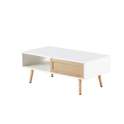 Rattan Coffee Table – Sliding Door Storage with Solid Wood Legs (White)