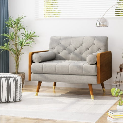Mid-Century Modern Beige Club Chair with Tufted Upholstery & Gold-Tipped Legs