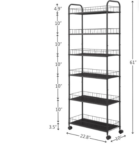 6-Tier Slim Storage Shelf on Wheels – Rolling Organizer Rack for Tight Spaces