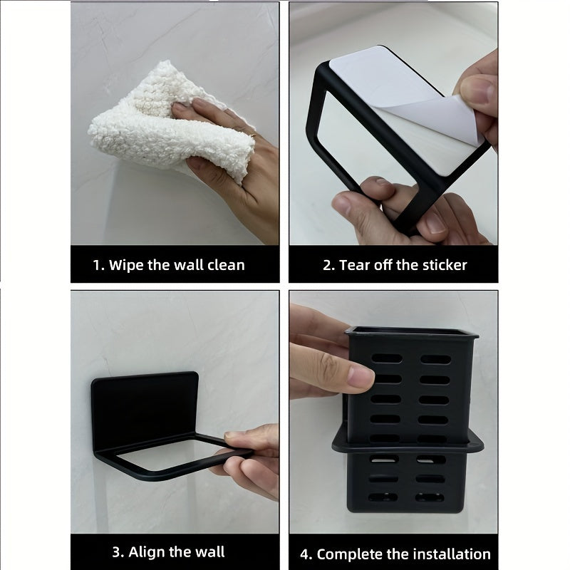 No-Drill Black Wall-Mounted Bathroom Organizer – Mold-Resistant Plastic Storage Basket