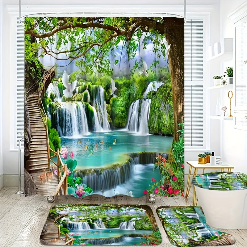 4-Piece Forest Waterfall Shower Curtain Set – Nature-Inspired Bathroom Decor with Non-Slip Mats & Lid Cover