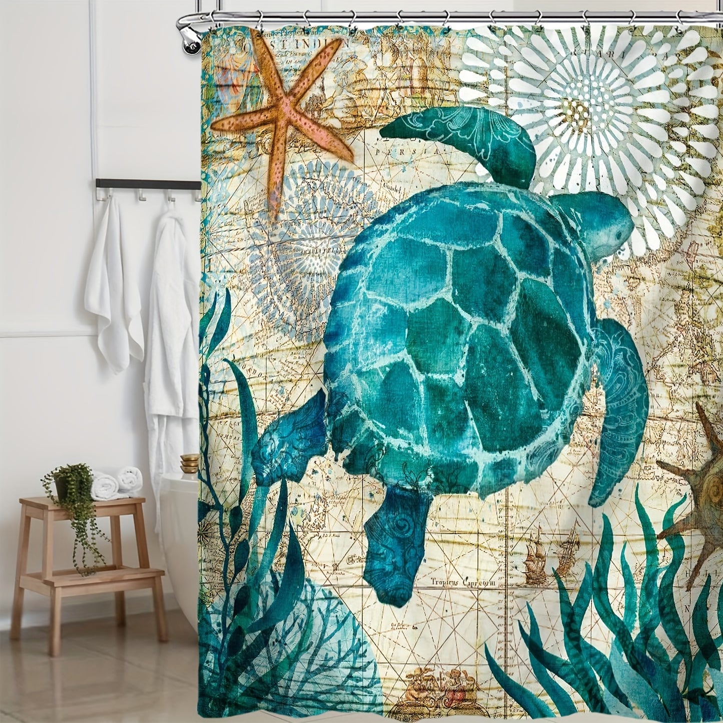4-Piece Ocean-Inspired Shower Curtain Set – Turtle & Seaweed Design with Mats, Toilet Cover & Hooks