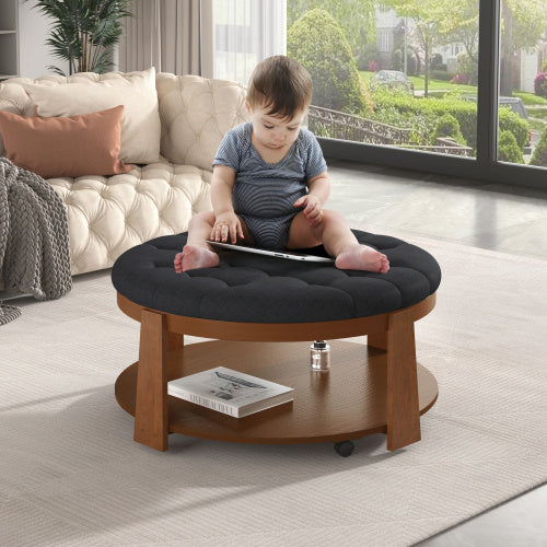 Modern 2-Tier Round Ottoman Coffee Table – Button Tufted, Mobile & Stylish
