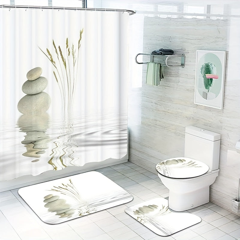 4-Piece Stone Print Shower Curtain Set – Waterproof Bathroom Set with Rugs, Toilet Lid Cover & 12 Hooks (180×180cm)