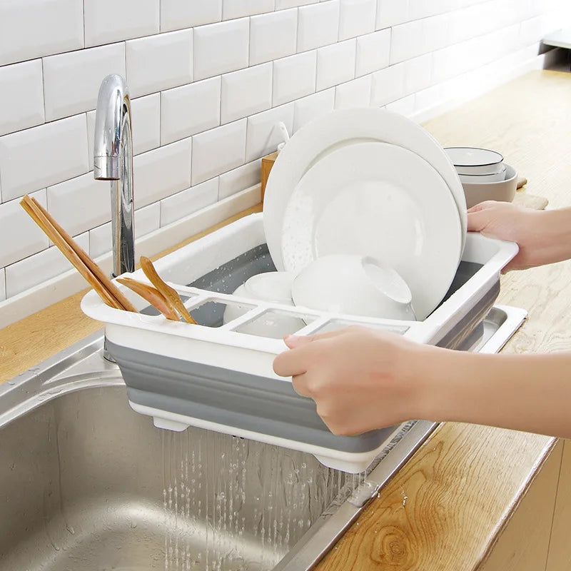 Foldable Plastic Dish Drying Rack – Kitchen Storage Organizer with Drain Tray