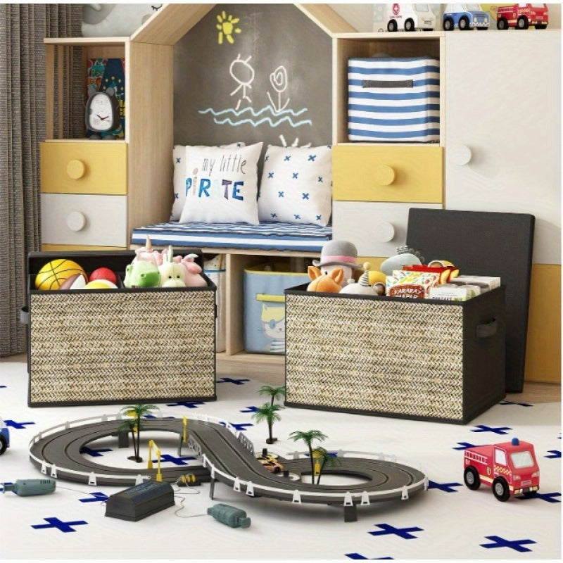 4-Pack Rattan Rectangular Storage Bins with Lids & Handles – Collapsible Fabric Organizers for Toys, Clothes & More – Multipurpose, Non-Waterproof, Outdoor Storage Boxes