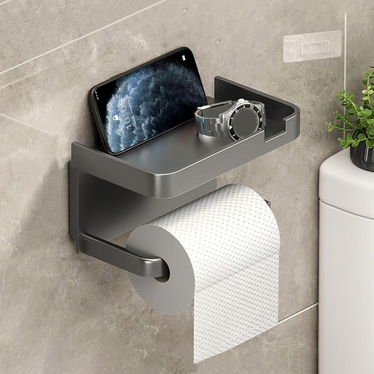 Modern Wall-Mounted Toilet Paper Holder – Black Plastic with Phone Tray, No-Drill & Easy to Install