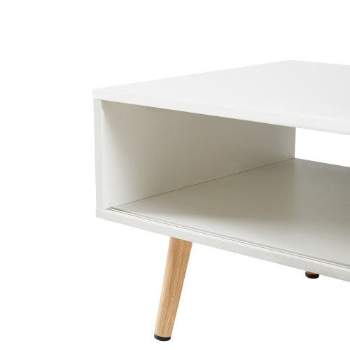 Rattan Coffee Table – Sliding Door Storage with Solid Wood Legs (White)