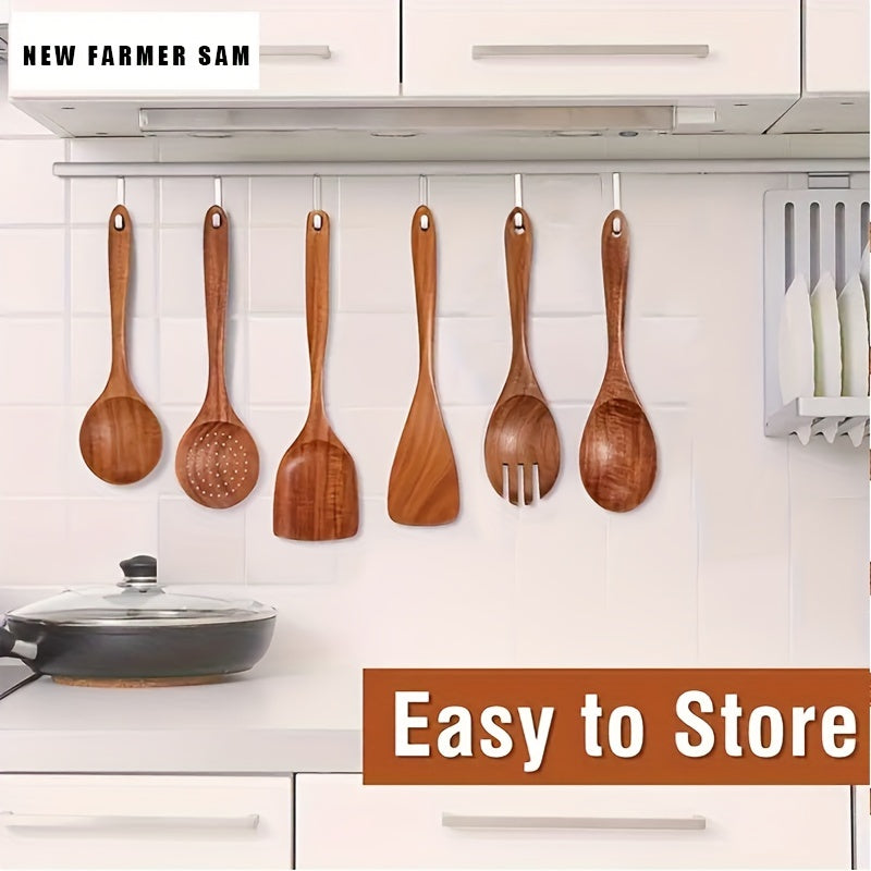 Teak Wooden Cooking Utensil Set – 8-Piece Nonstick Kitchen Tools with Spoon Rest & Hooks