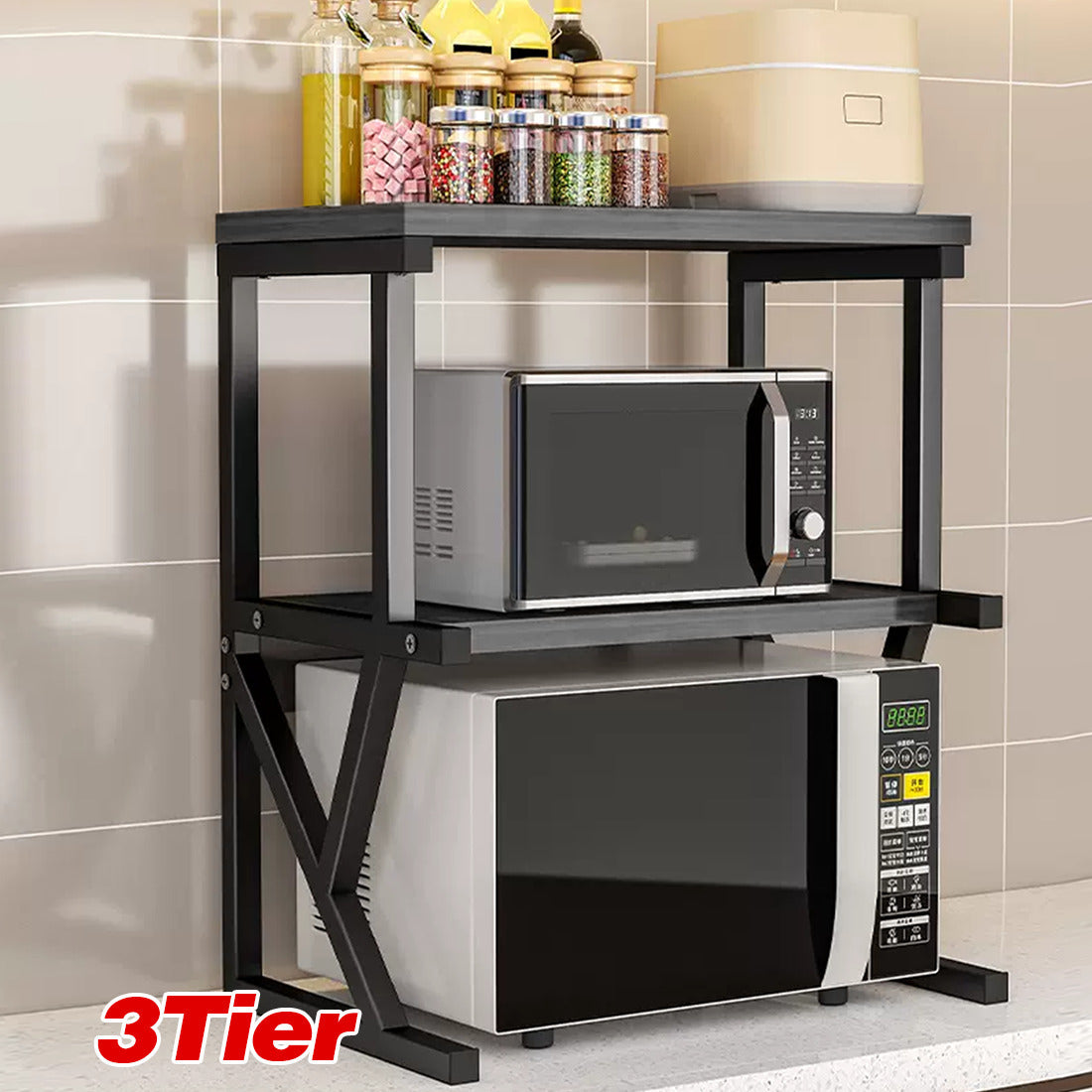 2-Tier Heavy Duty Baker’s Rack – Kitchen Microwave Stand with Storage Shelf (Walnut Finish)