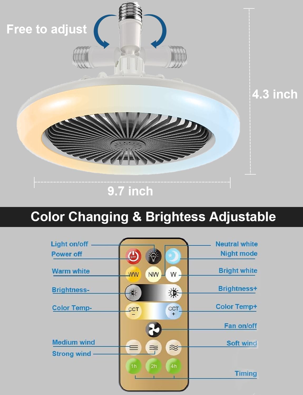 Enclosed Ceiling Fan with Light and Remote, 10 Inch Screw in Fan Light Mini Bladeless Ceiling Fans, 3 Fan Speeds Dimmable 3 Light Colors for Garage Tool Room Hallway, No Wiring Required