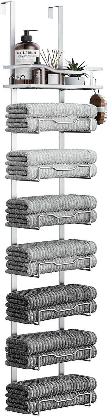 Over-the-Door Towel Rack β 8-Tier No-Drill Hanging Organizer for Bathroom, Back Door β Space-Saving Rolled Towel Holder (Silver)