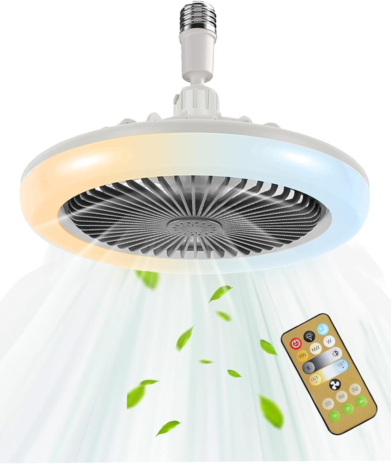 Enclosed Ceiling Fan with Light and Remote, 10 Inch Screw in Fan Light Mini Bladeless Ceiling Fans, 3 Fan Speeds Dimmable 3 Light Colors for Garage Tool Room Hallway, No Wiring Required