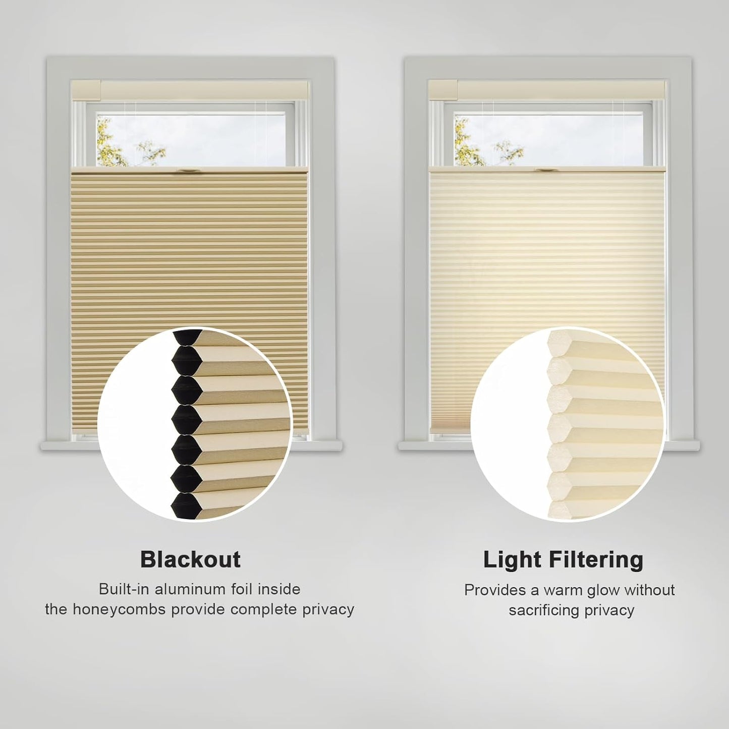 Cellular Shades for Windows, No Tools No Drill Top Down Bottom Up, 1" Blackout Fabric, Cordless Honeycomb Blinds for Indoor Window, Thermal Insulated Noise Reduction, Custom Size, Beige