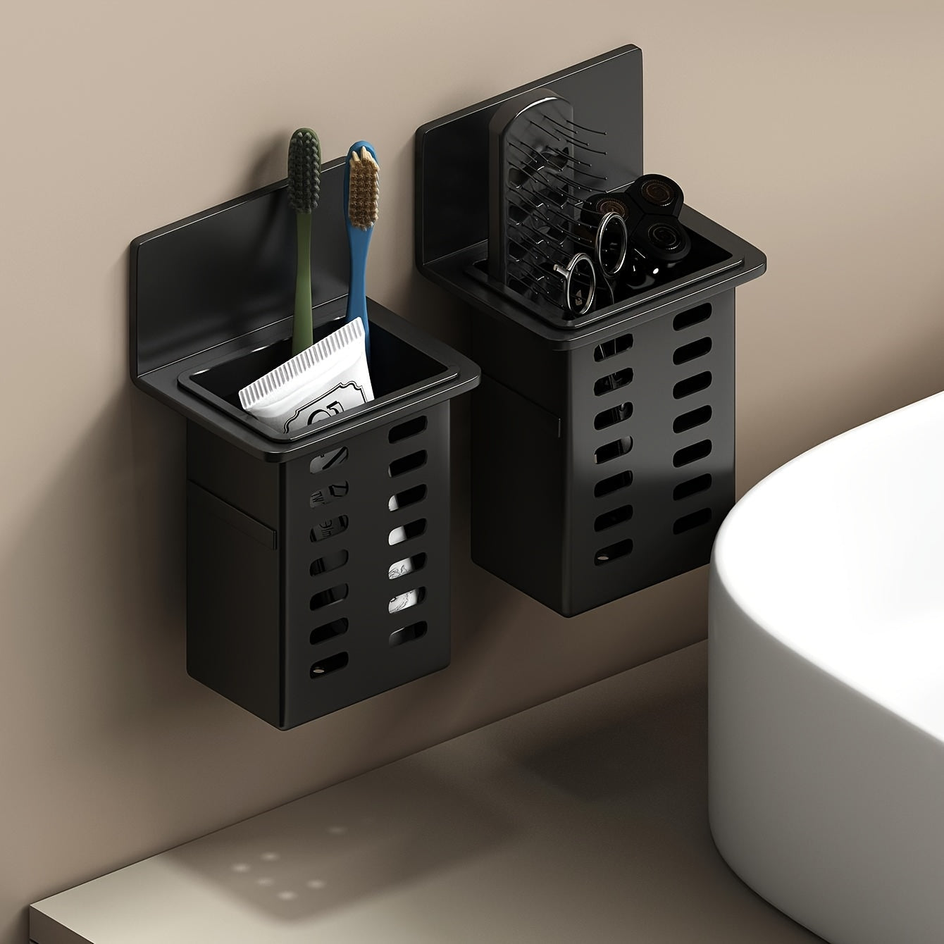 No-Drill Black Wall-Mounted Bathroom Organizer – Mold-Resistant Plastic Storage Basket