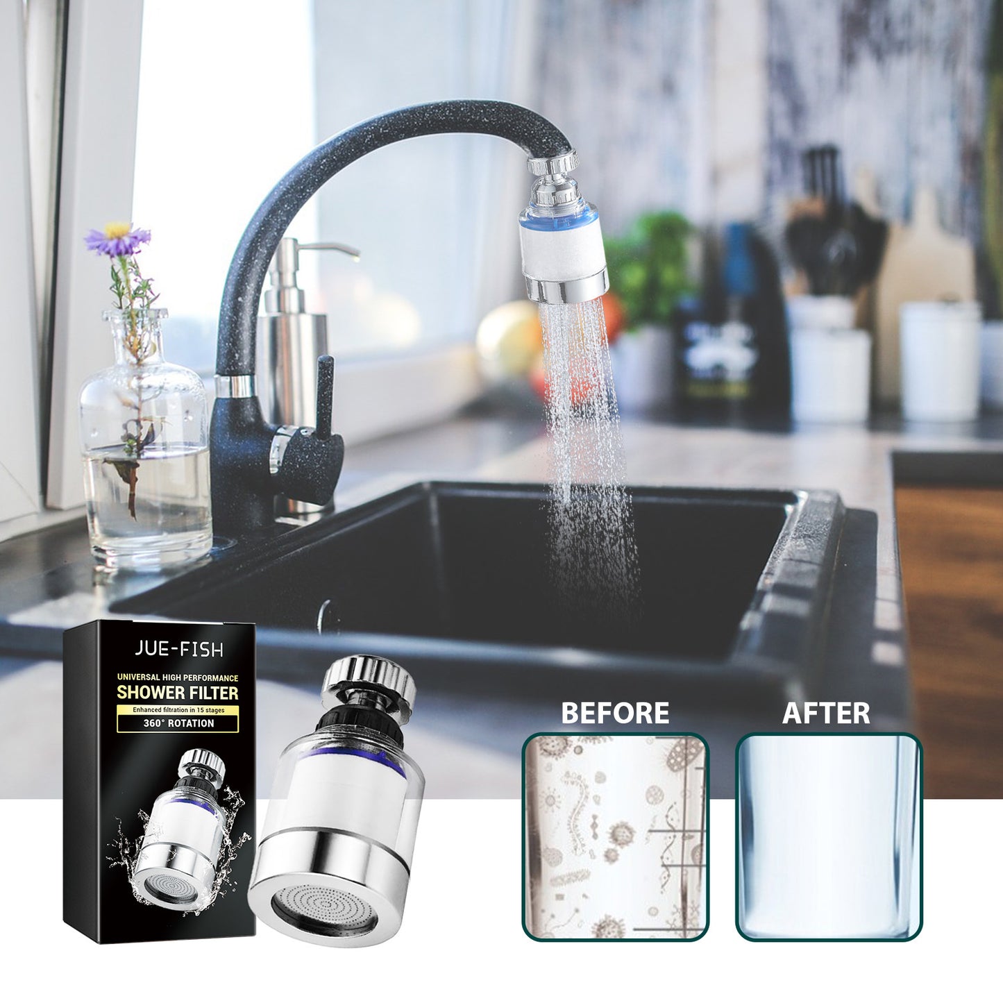 360° Rotating Faucet Water Filter – Purifier for Kitchen & Bathroom Sinks, Removes Heavy Metals & Hard Water
