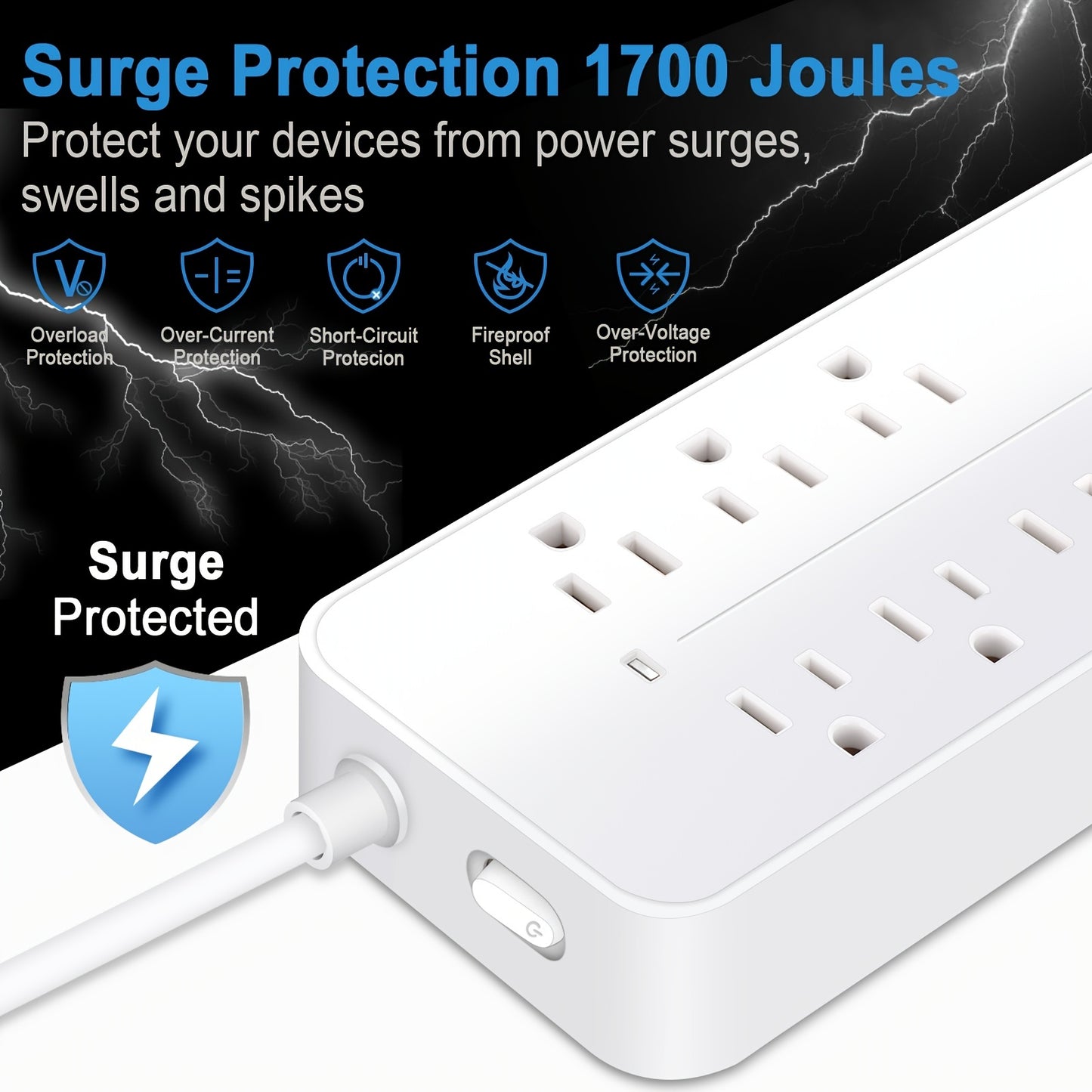 Surge Protector Power Strip – 8 AC Outlets, 3 USB + 1 USB-C Port, Flat Plug with Angled Design (Black/White)