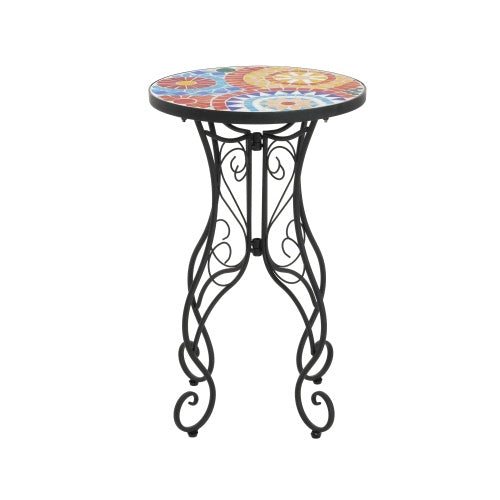 Colorful Outdoor Side Table – Ceramic Tile Top with Black Iron Frame, 14" Round Patio Accent Table