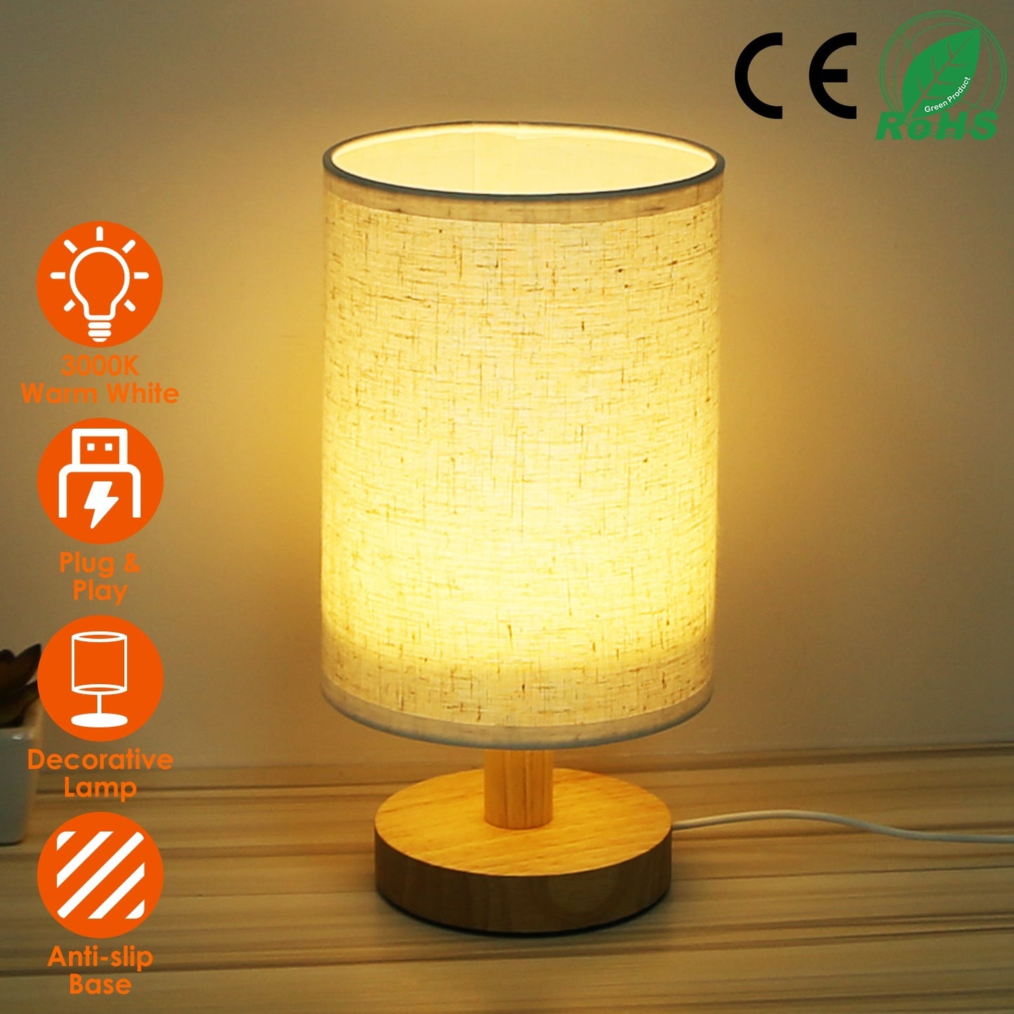 Modern Bedside Lamp with USB Plug – Warm White Light, Minimalist Nightstand Lamp for Bedroom or Dorm