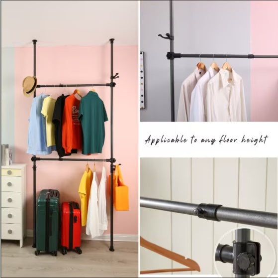 Adjustable Telescopic Hanger – Heavy-Duty Metal Rail, 31–47" Width, 120kg Load Capacity, No-Drill Installation (Black)