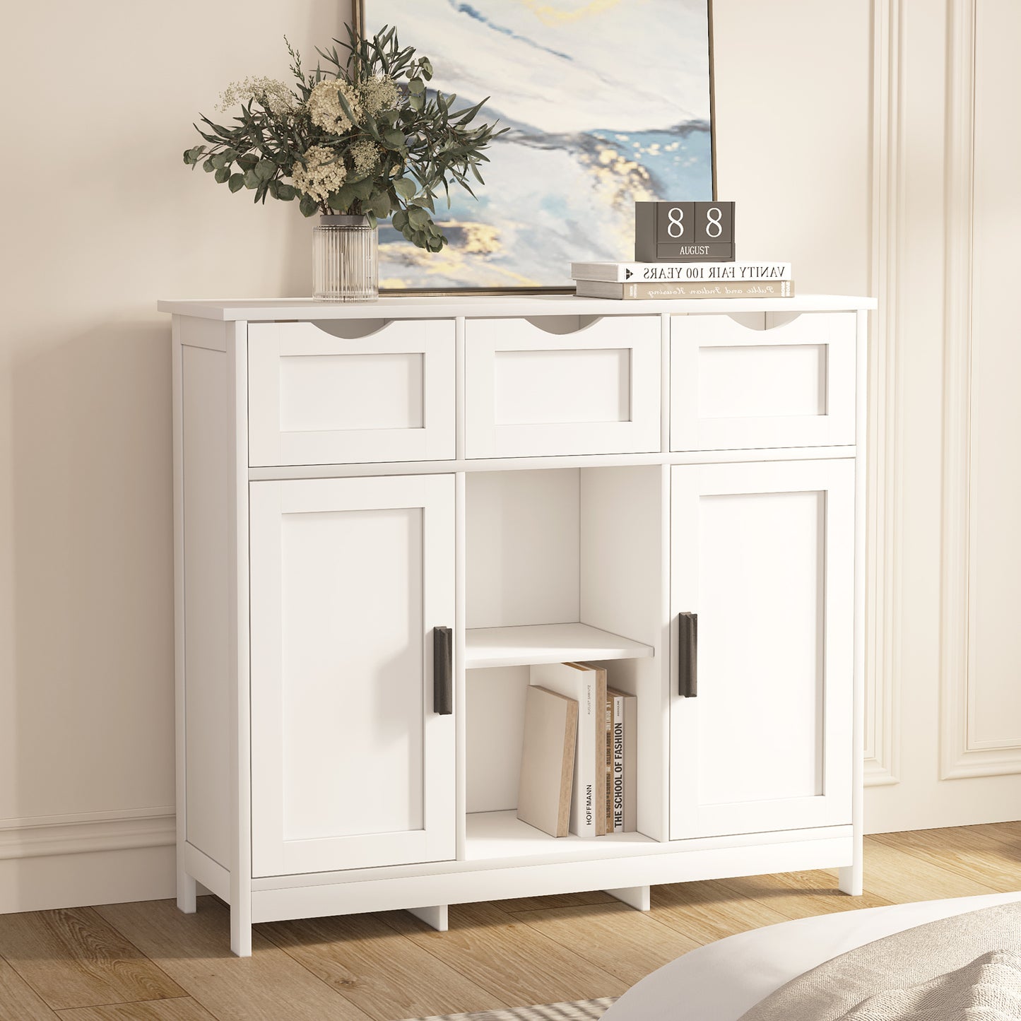 White Cabinet with Drawers and Shelves – Versatile Storage Furniture for Living Room, Bedroom, or Bathroom Décor