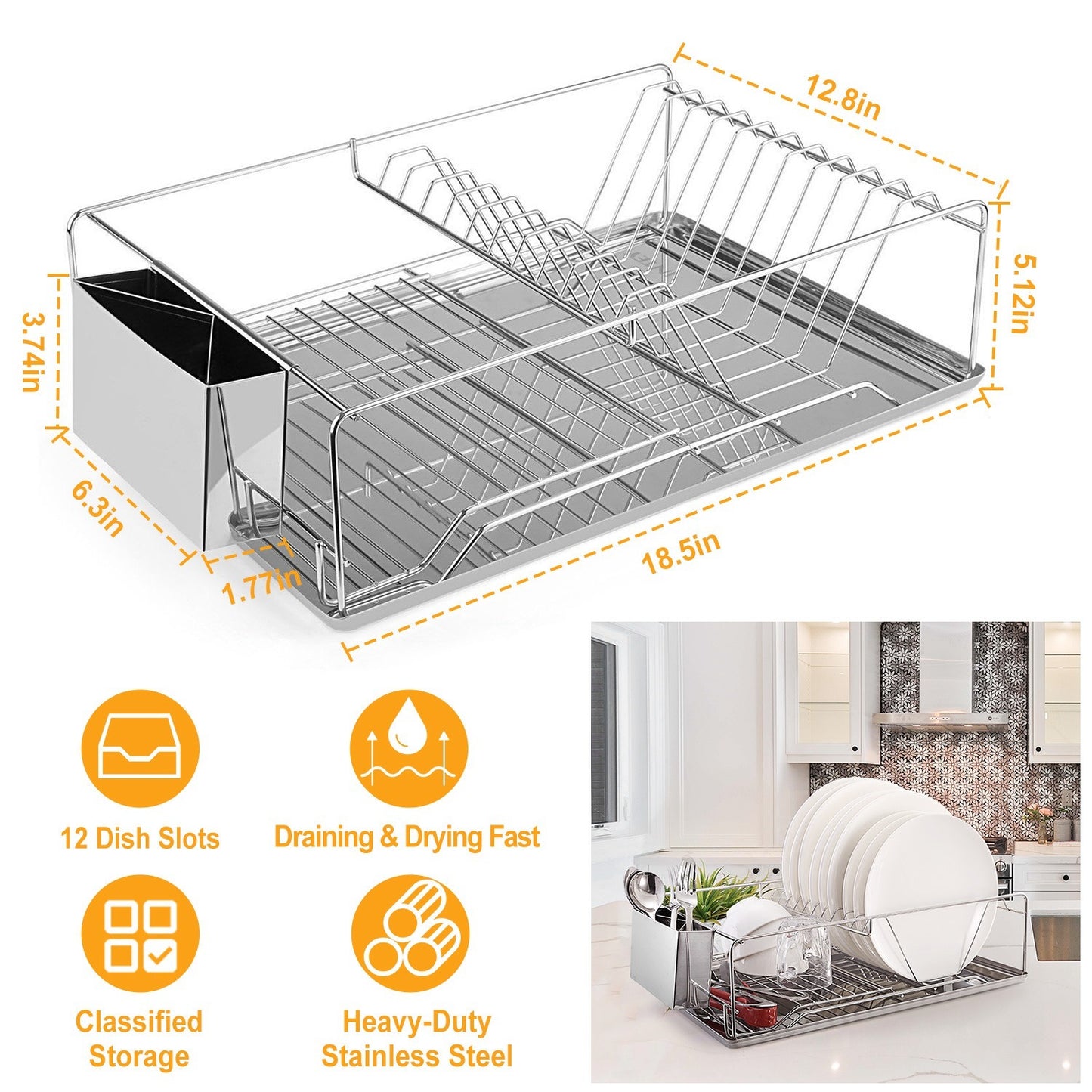 Stainless Steel Dish Drying Rack with Drainboard and Cutlery Holder – Kitchen Countertop Dish Organizer
